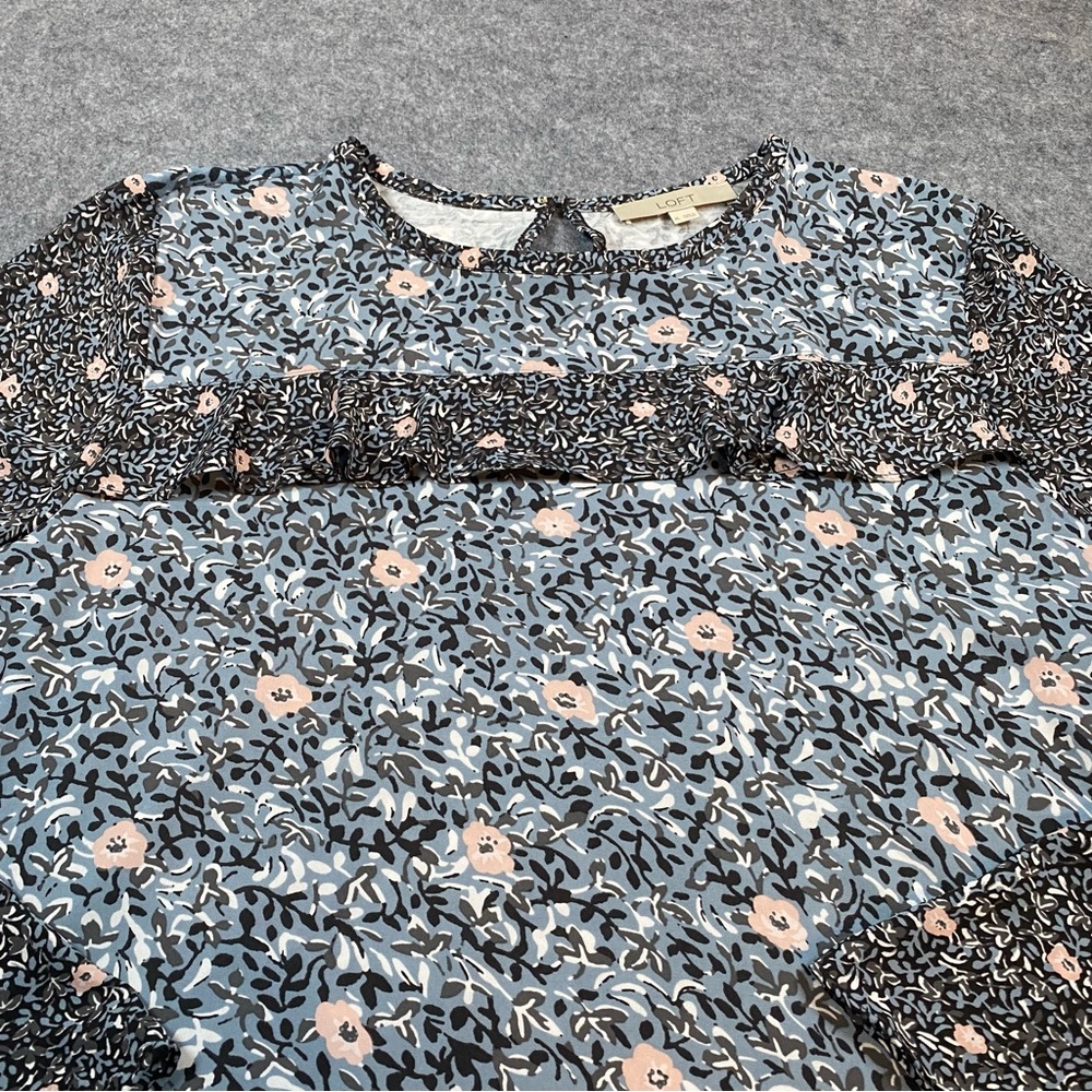 LOFT Blouse Floral Bell Sleeve Ruffle Multicolor Round Neck Casual Top Womens XL - Picture 5 of 11